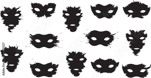 Collection of black abstract face masks on white background