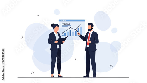 Business meeting: Man and woman analyzing upward trending graph on whiteboard