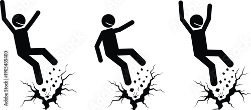 Black stickman figure falling into cracked ground hole set representing accident risk or business failure concept isolated on white background for design.