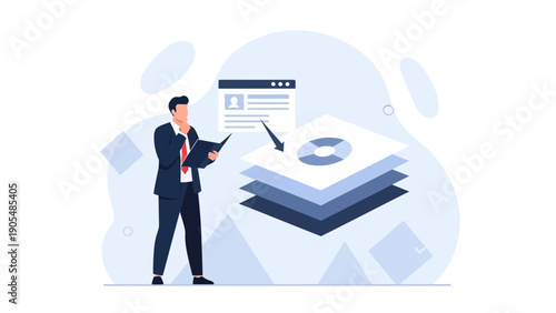 Businessman analyzing data stacks and profile page for business intelligence