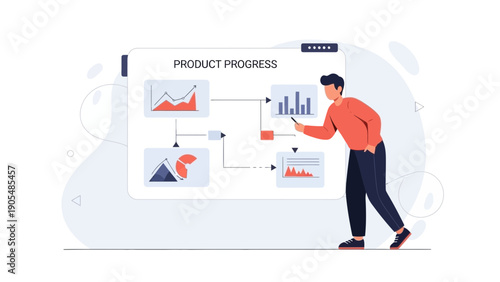 Business man presenting product progress chart on digital whiteboard with graphs and data