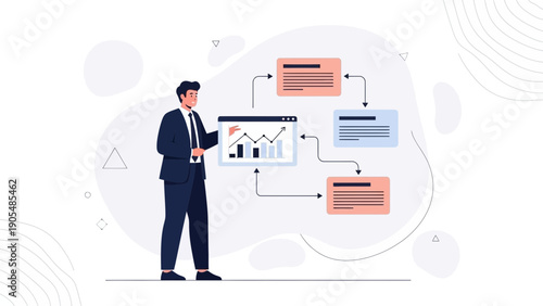 Businessman presenting financial growth charts and business process flowchart