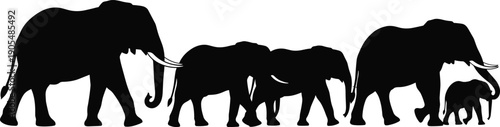 Black elephant family silhouette set with adult elephants and calves walking in a line isolated on white background for safari wildlife design.