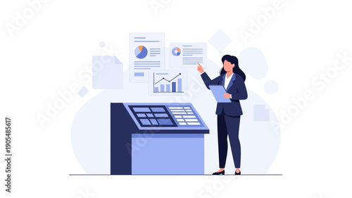 Businesswoman analyzing data charts and graphs on interactive screen, digital presentation