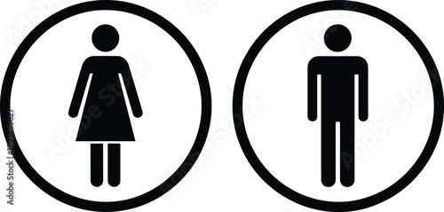 Black and white minimalist gender restroom sign icons with female and male stick figures in circles for public bathroom navigation and identification.