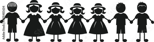 Row of diverse children holding hands in unity silhouette, multi ethnic group of boys and girls in summer outfits standing together, friendship.