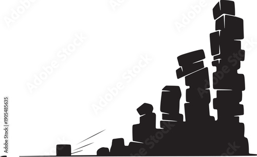 Black blocks falling down in a chaotic messy pile