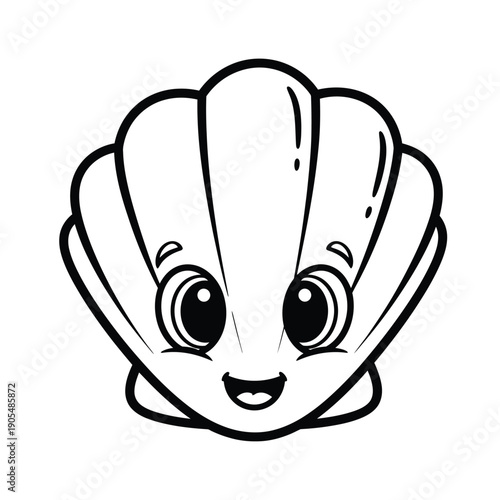 A cheerful cartoon seashell with animated eyes and a smiling face