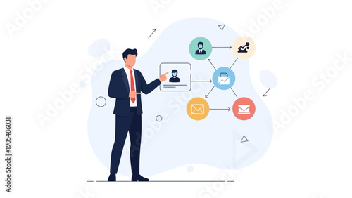 Businessman presenting workflow diagram with icons for people, tasks, and email