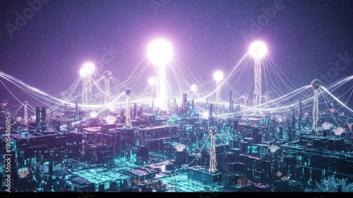 Futuristic Cityscape with Glowing Towers and Interconnected Light Beams at Night.