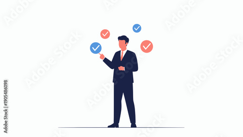 Businessman with checkmarks, decision making, task completion, business strategy