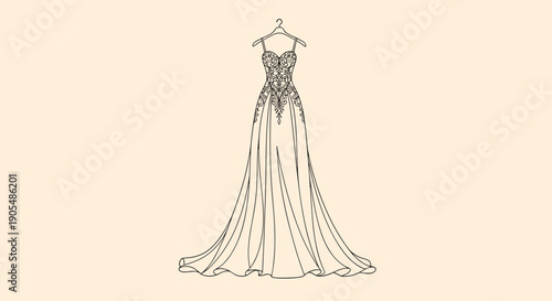 Elegant line drawing of a long formal wedding dress with intricate lace details on a hanger against a soft neutral background for bridal fashion.