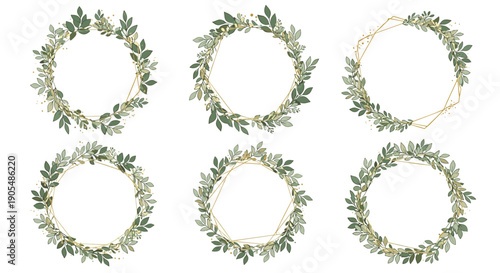 Collection of six elegant green leaf wreaths with golden geometric frames perfect for wedding invitations or sophisticated botanical branding.