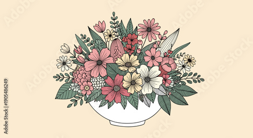 Beautiful large bouquet of colorful wildflowers and garden blossoms in a white bowl vase for a vibrant floral centerpiece illustration.