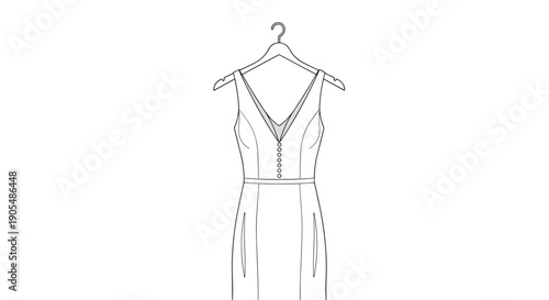 Minimalist line drawing of an elegant V-neck formal dress with button details on a hanger against a white background for bridal or fashion design.
