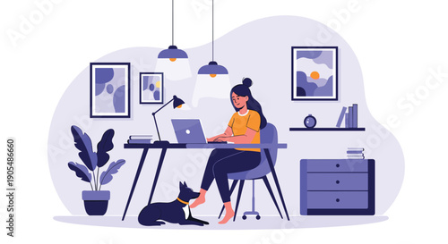 Young woman working remotely on her laptop in a cozy home office setup with her pet dog sitting faithfully on the floor by her feet.