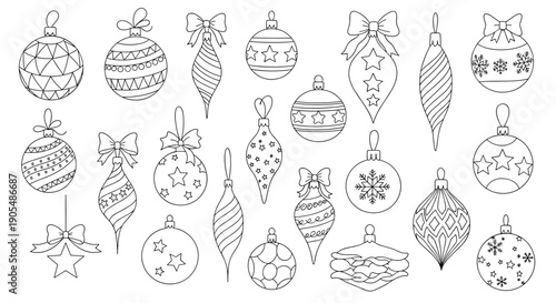 Variety of black and white line art christmas baubles and ornaments with different patterns like stars, snowflakes, and stripes for coloring or design.