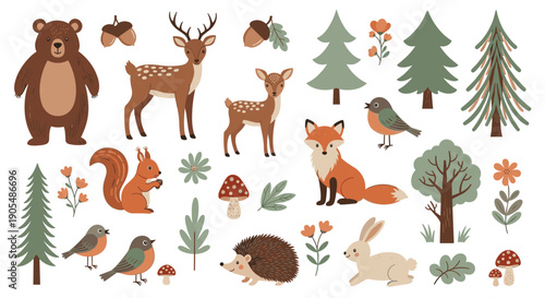 Large collection of woodland animals and nature elements including bear, deer, fox, squirrel, hedgehog, birds, trees, flowers, and mushrooms.