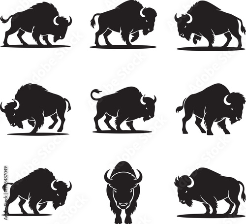 set of black bison silhouettes in various poses
