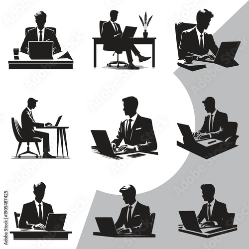 Entrepreneur working on laptop. silhouette business vector