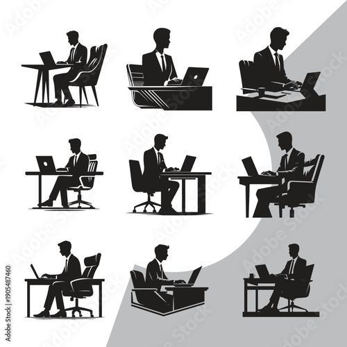 Entrepreneur working on laptop. silhouette business vector