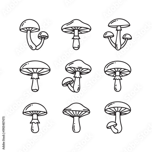 Mushroom Icons Set: Hand-Drawn Outline Illustrations for Nature and Fungi Designs