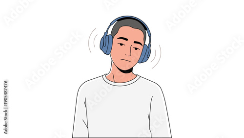 Young man in a tranquil state, lost in the melodic rhythms of his modern audio headphones