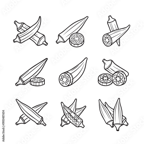 Okra Pods and Slices Line Art Icon Set, Healthy Vegetable Illustration