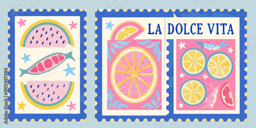 Colorful stamp illustrations featuring various fruits and sweet treats