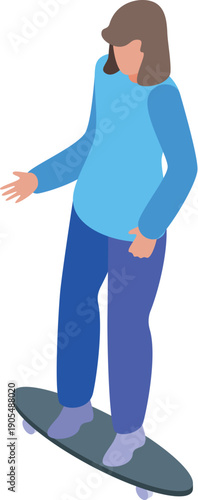 Young woman maintaining balance on skateboard, enjoying urban activity, depicted in isometric projection