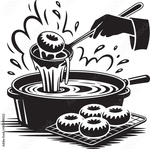 Doughnuts being fried in a pan, vintage retro style illustration