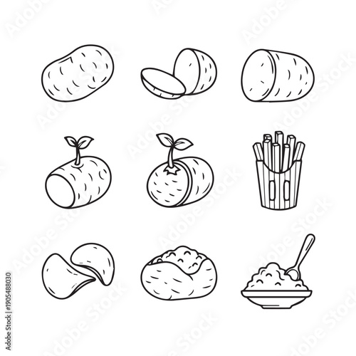 Potato Variety Icons: Whole, Cut, Sprouting, Fries, Chips, Baked, Mashed