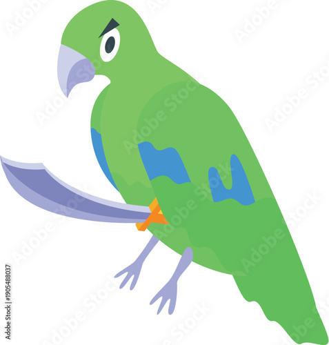 Green parrot holding saber, angry tropical bird ready for battle