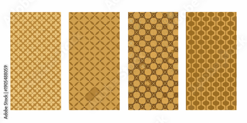Four vertical samples displaying repeating geometric patterns in golden hues