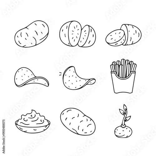 Potato Vector Icons: Whole, Sliced, Chips, Fries, Mash, Sprout