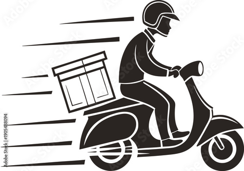 Delivery Person on Motor Scooter Black and White Minimalist Illustration vector order