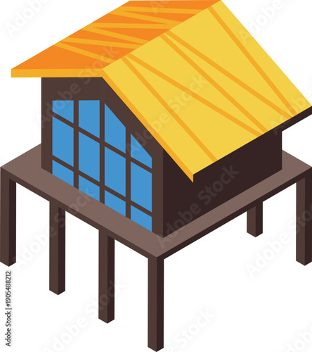 Isometric tropical bungalow with large window standing on stilts over water, featuring a yellow roof