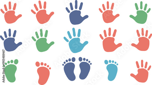Colorful handprints and footprints set for children and babies