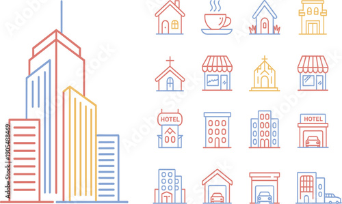 Modern architectural urban construction icons for commercial property including skyscrapers residential homes and business storefronts
