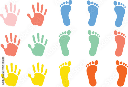 Colorful handprints and footprints illustration on white background
