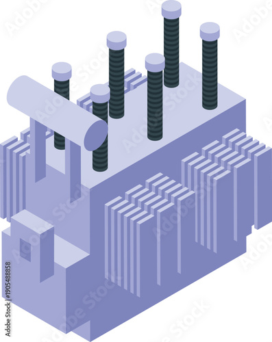 Electrical transformer distributing electricity, visualized in isometric projection, essential for power generation and distribution