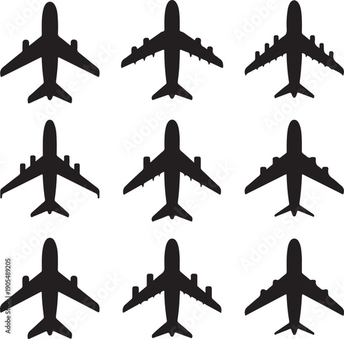 Airplane silhouettes in various flight positions from above  multiple views