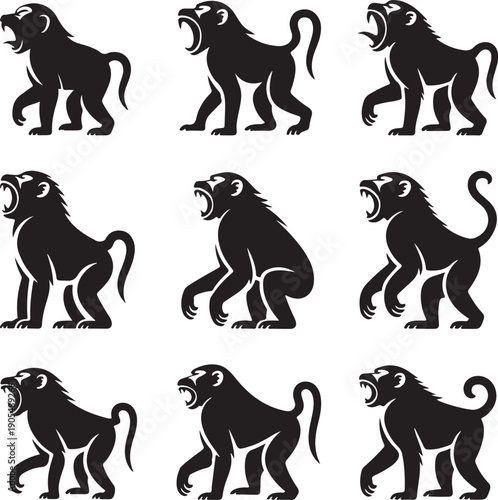 Set of monkey silhouettes in various poses and expressions walking and standing