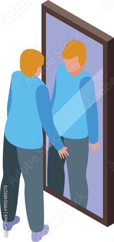 Isometric vector illustration representing a young man examining his reflection, exploring themes of self image, confidence, and introspection