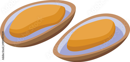 Two open mussels revealing the soft orange mollusk inside their brown shells, ready to be cooked and served