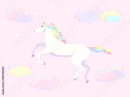 ゆめかわ空を飛ぶユニコーンのイラスト