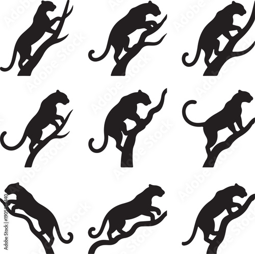 set of leopard silhouettes climbing trees in various poses