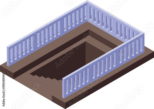 Isometric view of an empty underground stone pit featuring railings and stairs leading down, possibly a construction site or archaeological excavation