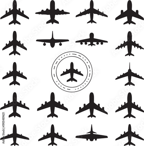 Airplane silhouettes in various positions and angles collection