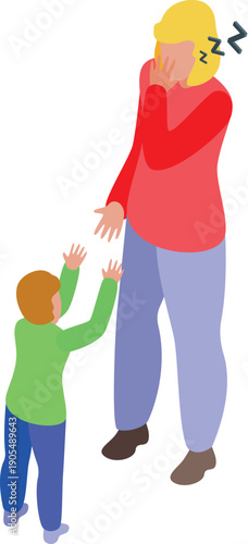 Exhausted mother yawning and covering her mouth with hand while toddler reaches for her attention